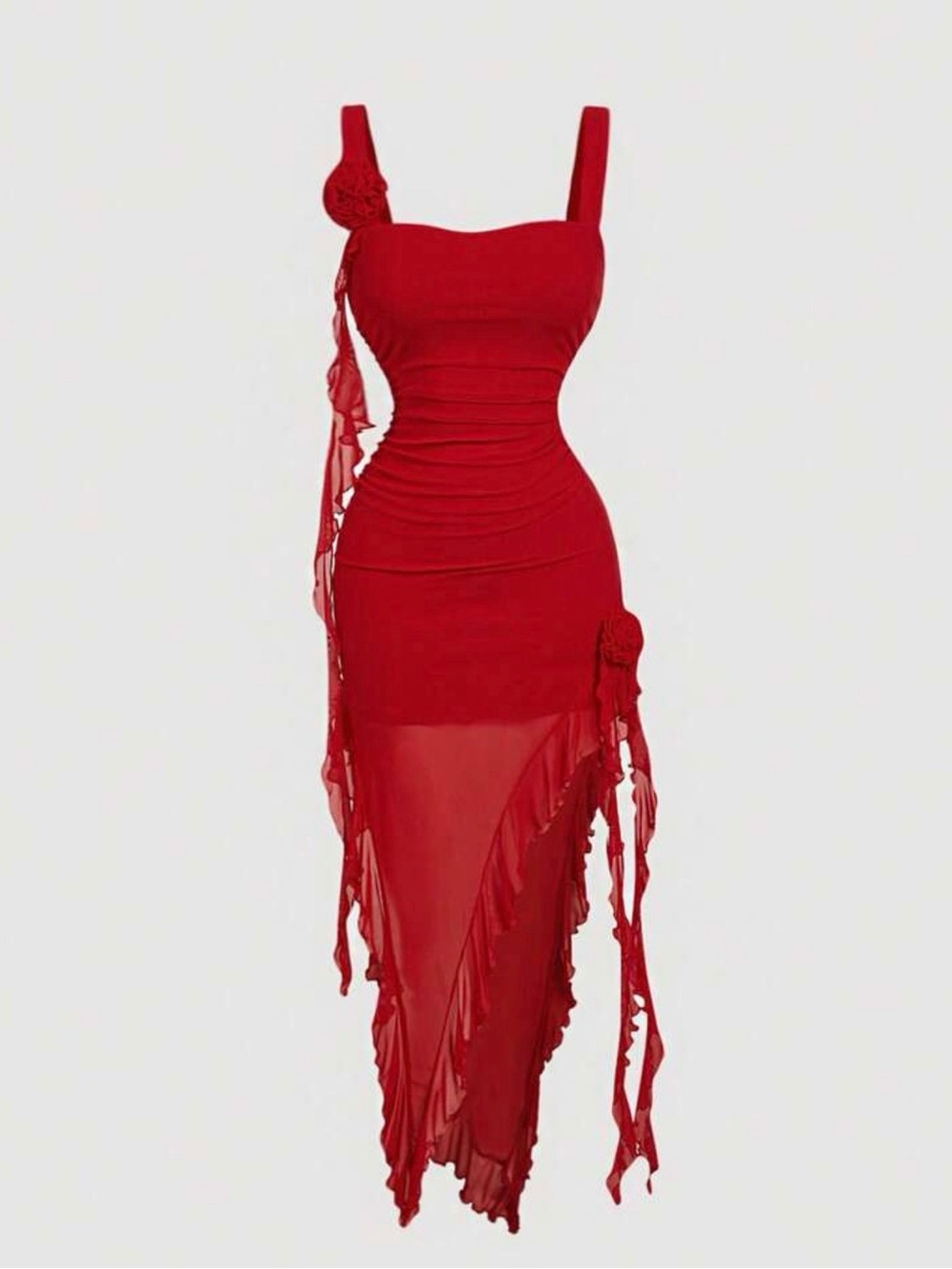 Red Asymmetric Ruched Sheer Maxi Dress - Unbranded